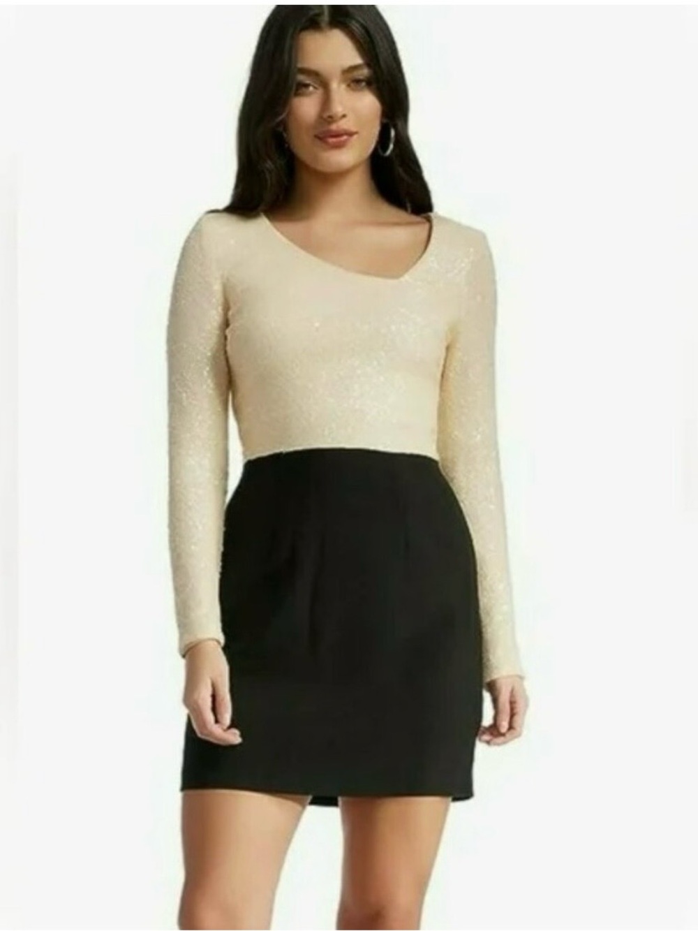 Dress the Population Cream & Black Long-Sleeve Two-Tone Sequins Mini Dress